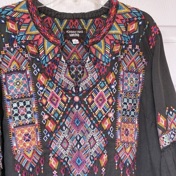 Johnny Was Workshop Embroidered Dress Womens Large Black Bell Sleeve Semi Sheer - Picture 4 of 10